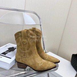 Celine Vintage Carved Velvet Cowhide Thick High Heeled Short Boots For Women Khaki