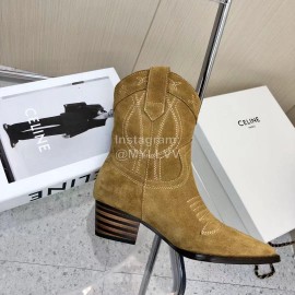 Celine Vintage Carved Velvet Cowhide Thick High Heeled Short Boots For Women Khaki