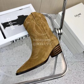 Celine Vintage Carved Velvet Cowhide Thick High Heeled Short Boots For Women Khaki