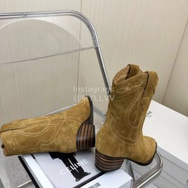 Celine Vintage Carved Velvet Cowhide Thick High Heeled Short Boots For Women Khaki