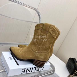 Celine Vintage Carved Velvet Cowhide Thick High Heeled Short Boots For Women Khaki