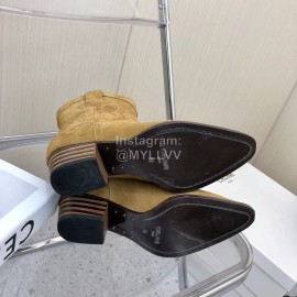 Celine Vintage Carved Velvet Cowhide Thick High Heeled Short Boots For Women Khaki