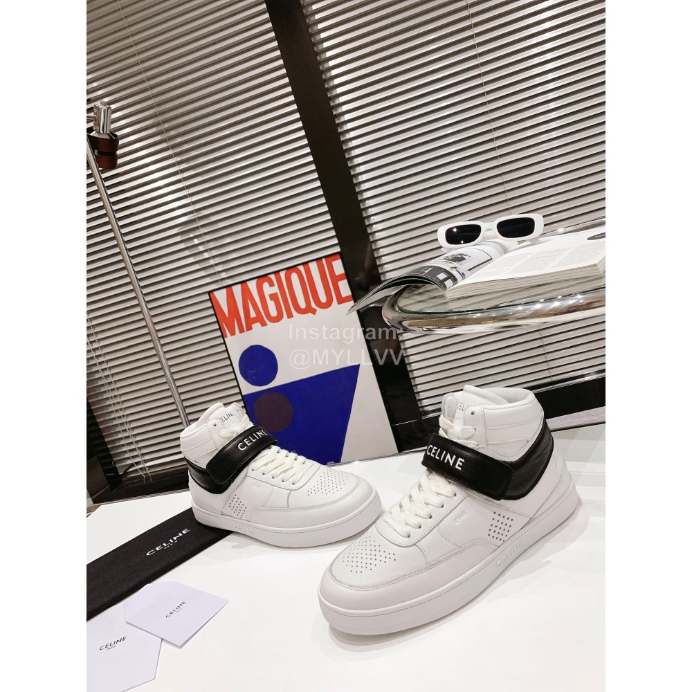 Celine Cowhide Velcro High Top Sneakers For Men And Women White