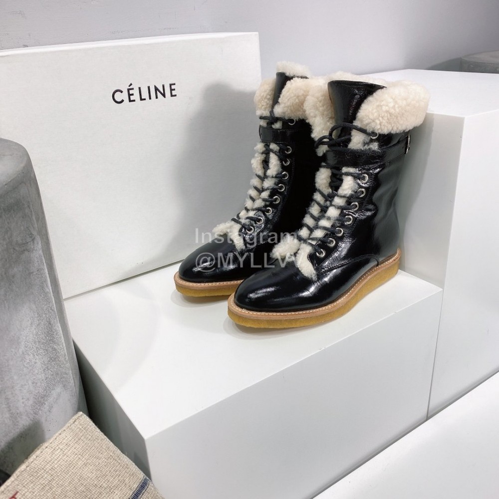 Celine Winter Cowhide Lamb Wool Lapel Short Boots For Women Black