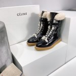 Celine Winter Cowhide Lamb Wool Lapel Short Boots For Women Black