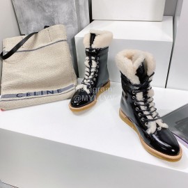 Celine Winter Cowhide Lamb Wool Lapel Short Boots For Women Black