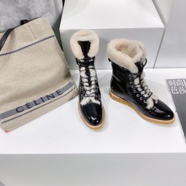 Celine Winter Cowhide Lamb Wool Lapel Short Boots For Women Black