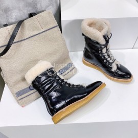 Celine Winter Cowhide Lamb Wool Lapel Short Boots For Women Black