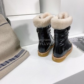 Celine Winter Cowhide Lamb Wool Lapel Short Boots For Women Black