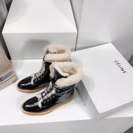 Celine Winter Cowhide Lamb Wool Lapel Short Boots For Women Black