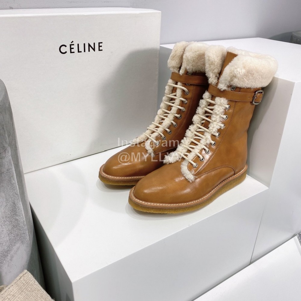 Celine Winter Cowhide Lamb Wool Lapel Short Boots For Women Brown