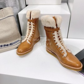Celine Winter Cowhide Lamb Wool Lapel Short Boots For Women Brown