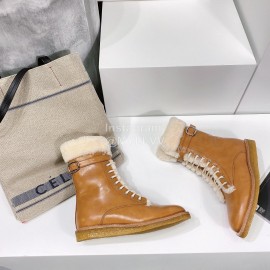 Celine Winter Cowhide Lamb Wool Lapel Short Boots For Women Brown