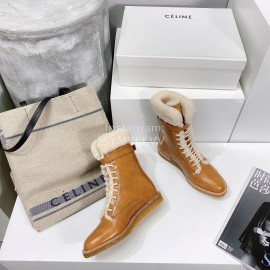 Celine Winter Cowhide Lamb Wool Lapel Short Boots For Women Brown