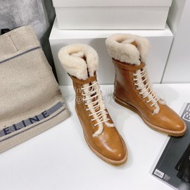 Celine Winter Cowhide Lamb Wool Lapel Short Boots For Women Brown