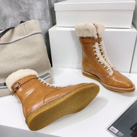 Celine Winter Cowhide Lamb Wool Lapel Short Boots For Women Brown