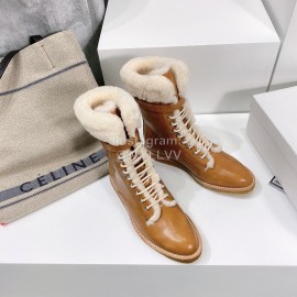 Celine Winter Cowhide Lamb Wool Lapel Short Boots For Women Brown