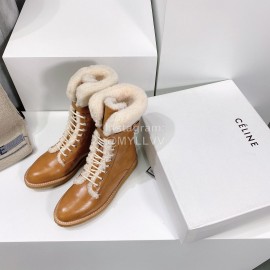 Celine Winter Cowhide Lamb Wool Lapel Short Boots For Women Brown
