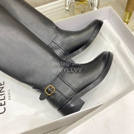 Celine Black Cowhide Thick High Heeled Long Boots For Women 