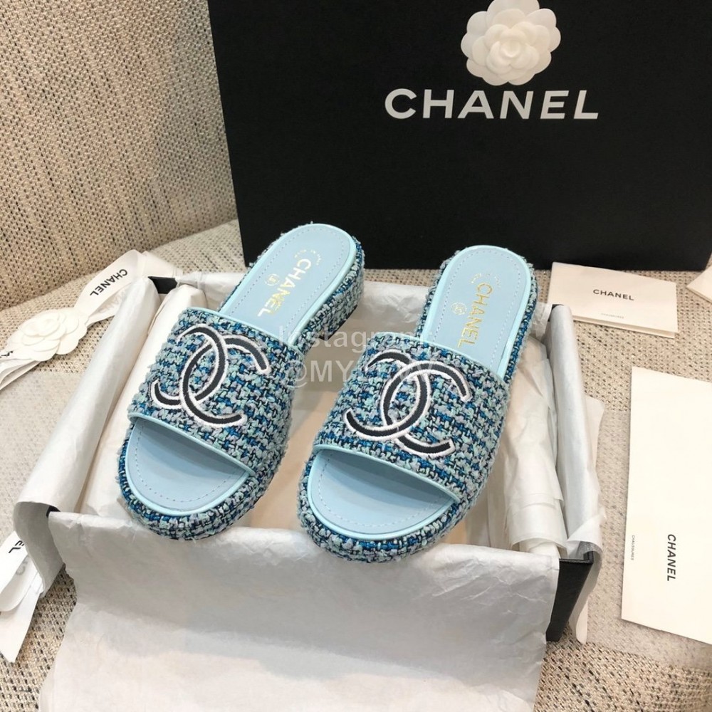 Chanel Blue Double C Platform Slippers For Women
