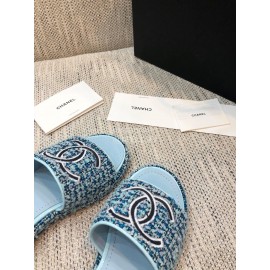 Chanel Blue Double C Platform Slippers For Women