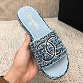Chanel Blue Double C Platform Slippers For Women