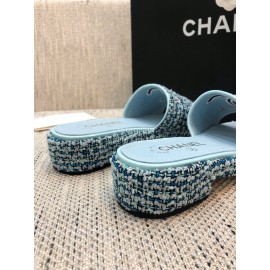 Chanel Blue Double C Platform Slippers For Women