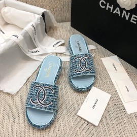 Chanel Blue Double C Platform Slippers For Women