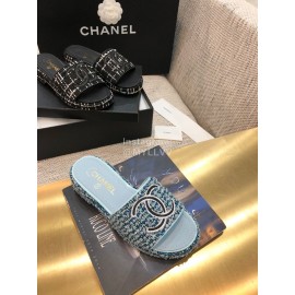 Chanel Blue Double C Platform Slippers For Women