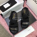Chanel Black Velcro Knitted Casual Open Toe Sandals