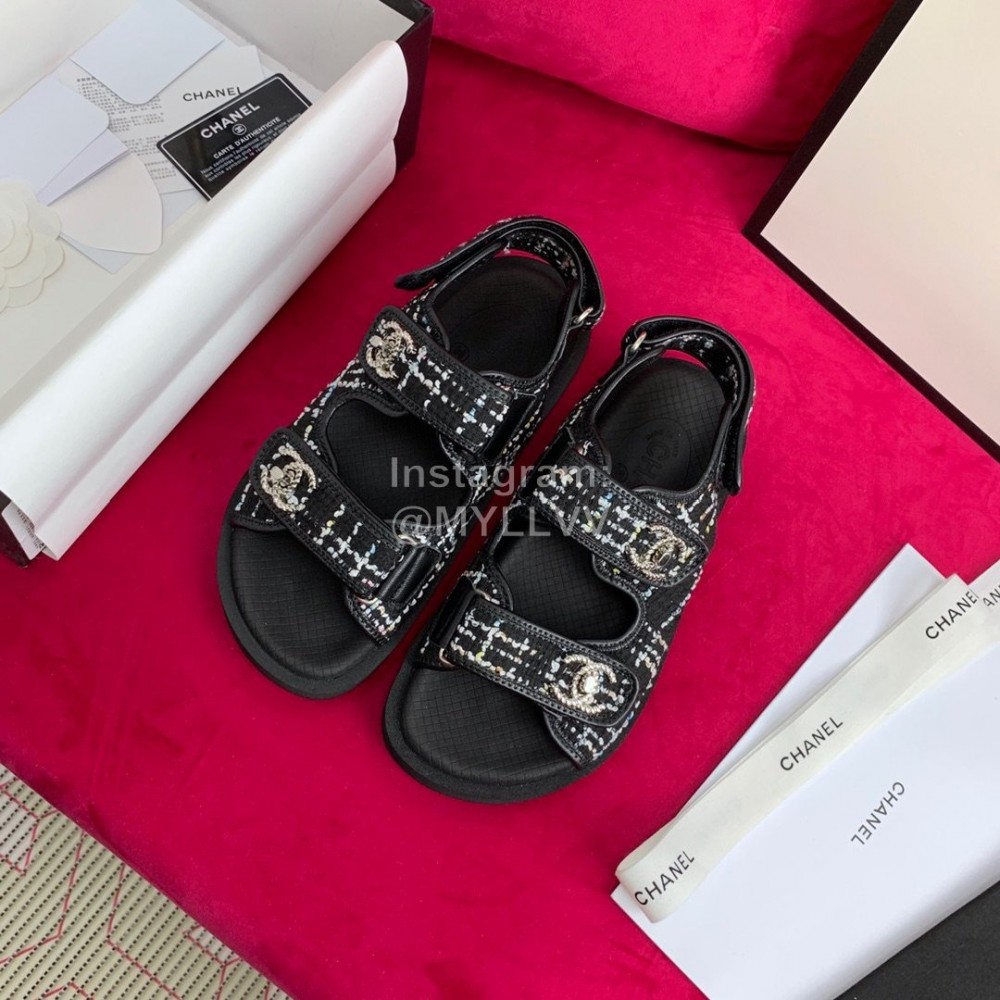 Chanel Woven Tweed New Velcro Beach Sandals Black