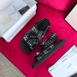 Chanel Woven Tweed New Velcro Beach Sandals Black