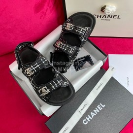 Chanel Woven Tweed New Velcro Beach Sandals Black