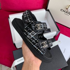 Chanel Woven Tweed New Velcro Beach Sandals Black