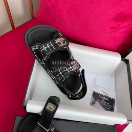 Chanel Woven Tweed New Velcro Beach Sandals Black