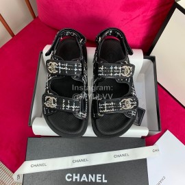 Chanel Woven Tweed New Velcro Beach Sandals Black