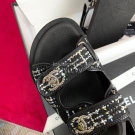 Chanel Woven Tweed New Velcro Beach Sandals Black
