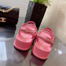 Chanel Calfskin Chain Sandals For Women Rose Red