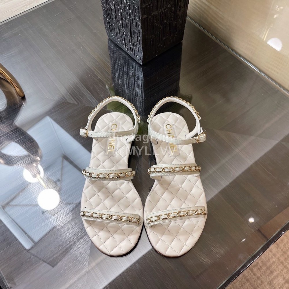 Chanel Calfskin Chain Sandals White