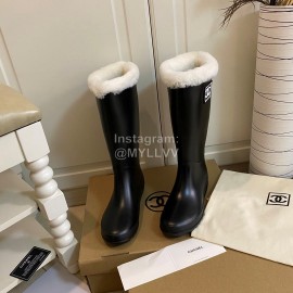 Chanel Wool Waterproof Warm Rain Boots Black