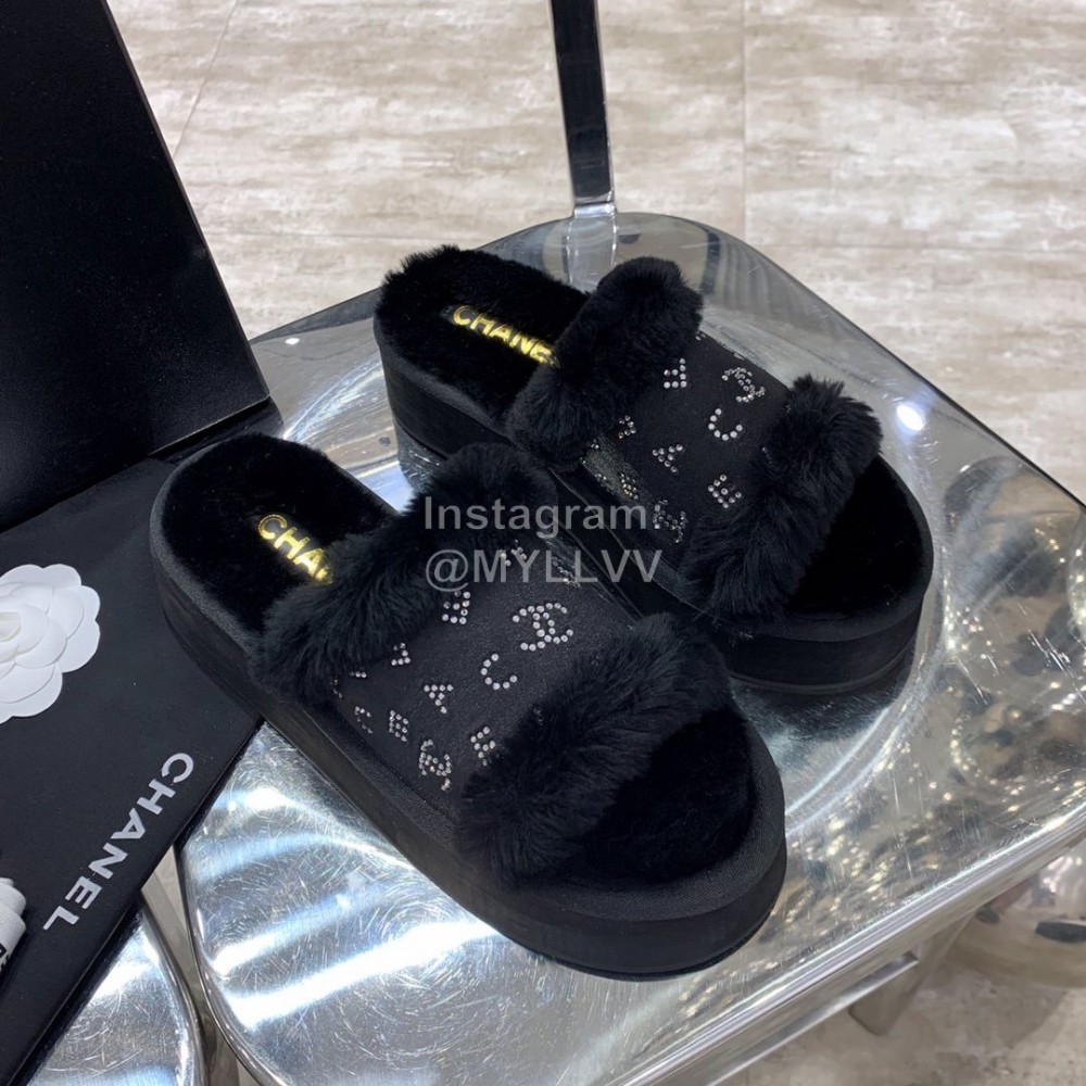 Chanel Autumn Winter Soft Wool Slippers Black