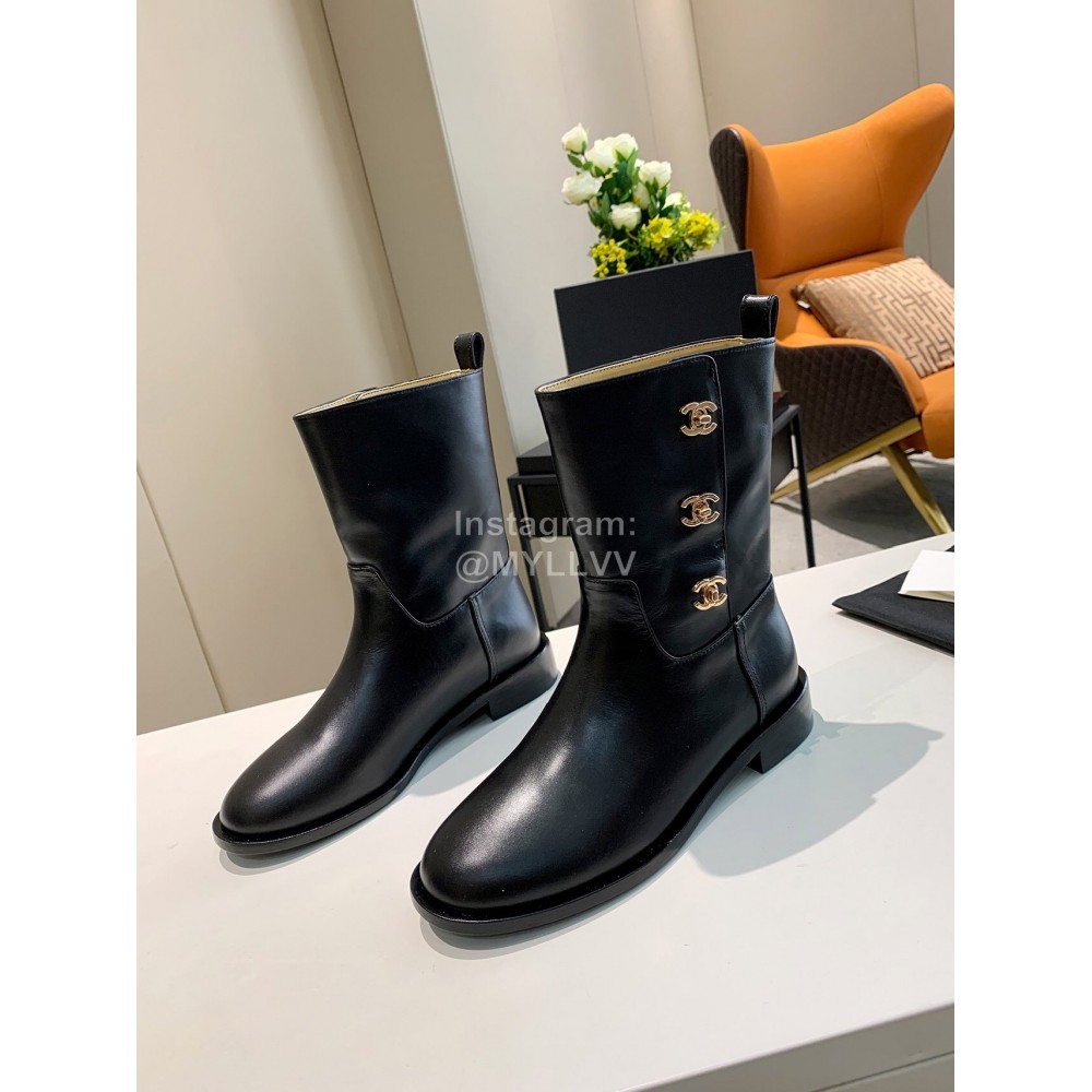 Chanel Autumn Winter Leather Button Boots Black