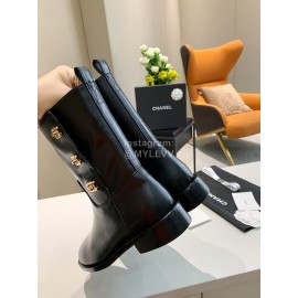 Chanel Autumn Winter Leather Button Boots Black