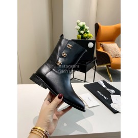 Chanel Autumn Winter Leather Button Boots Black