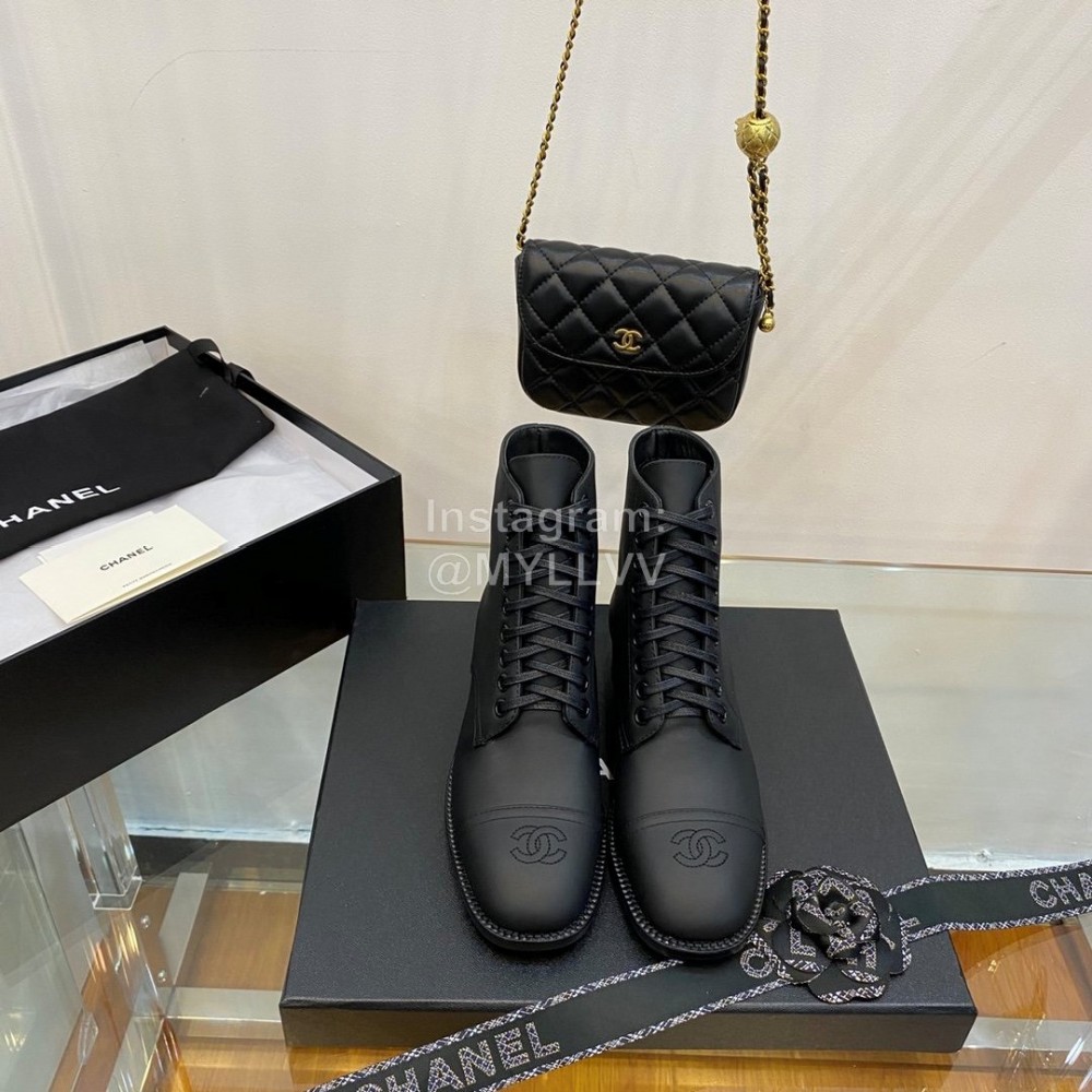 Chanel Black Calfskin Lace Up Boots
