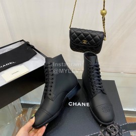 Chanel Black Calfskin Lace Up Boots