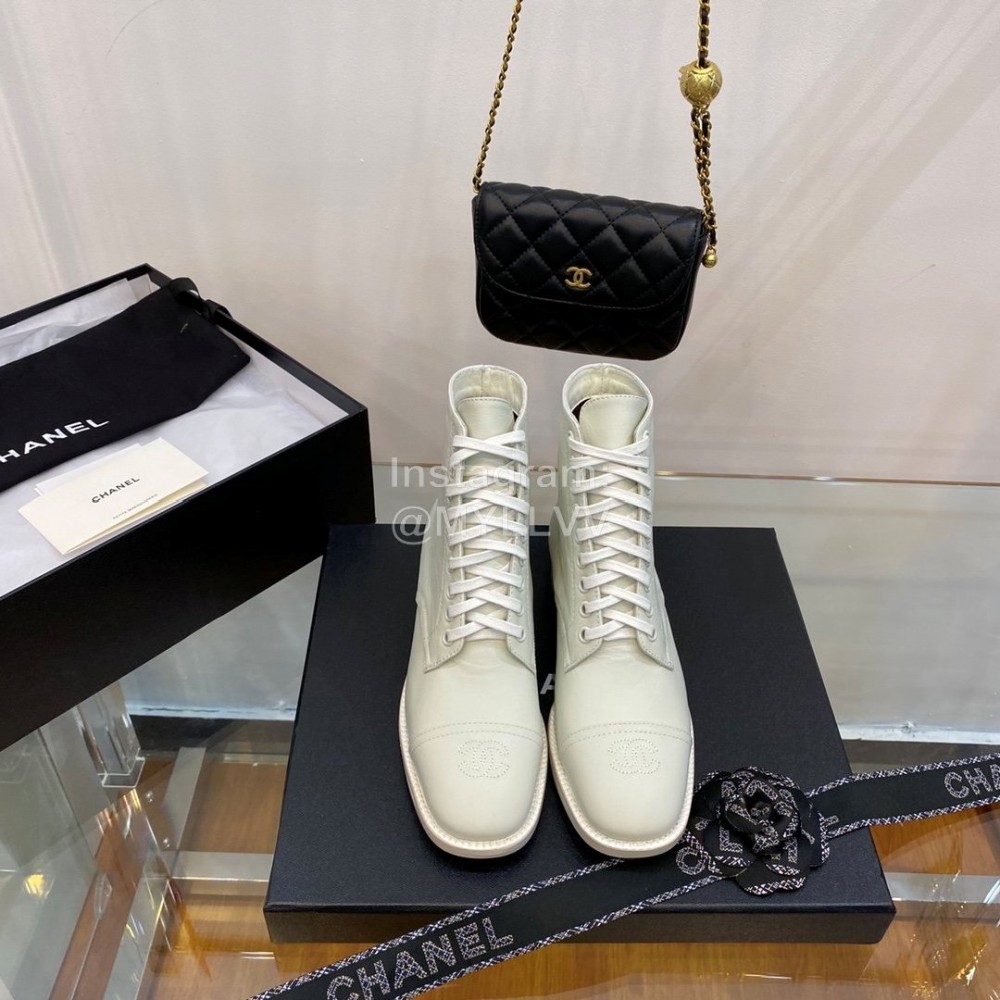 Chanel White Calfskin Lace Up Boots