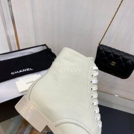 Chanel White Calfskin Lace Up Boots