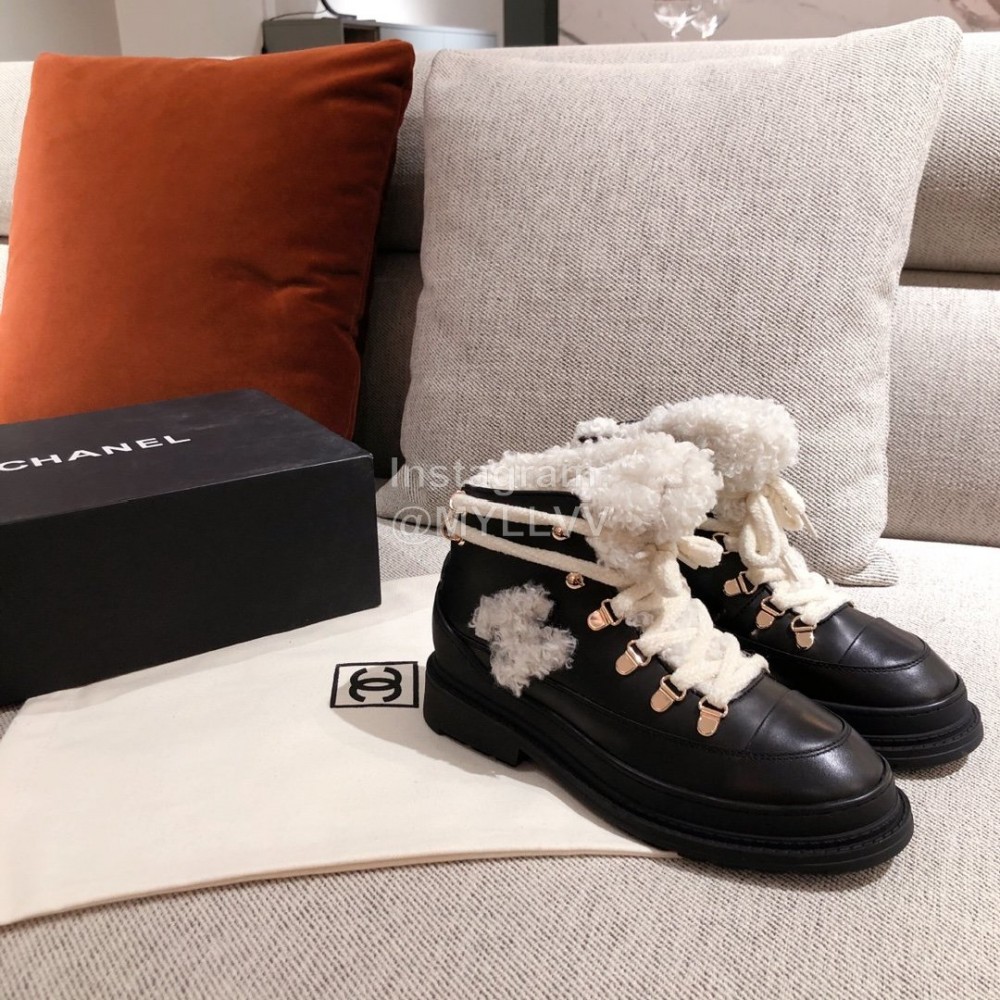 Chanel Winter Fur Lace Up Boots Black