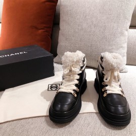 Chanel Winter Fur Lace Up Boots Black